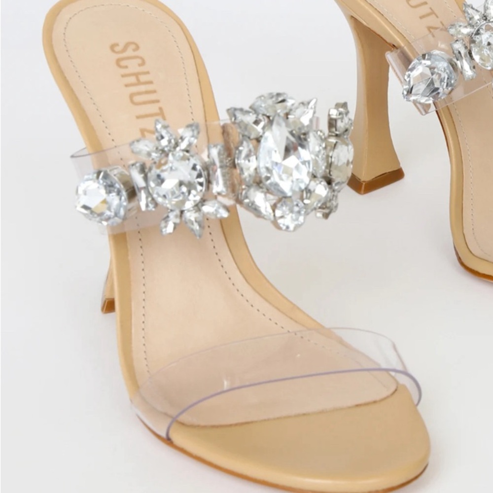 SCHUTZ Women's Laureen Embellished High Heel Slide Sandals in Nude, Size 6.5
